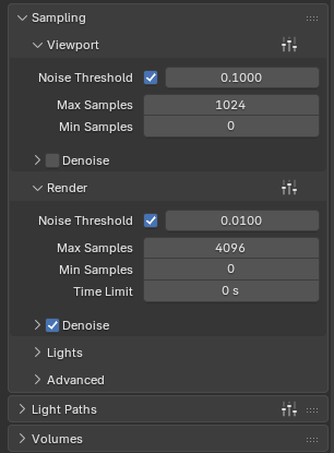 Blender Sampling panel with Adaptive Sampling expanded, showing Noise Threshold, Min Samples and Max Samples fields