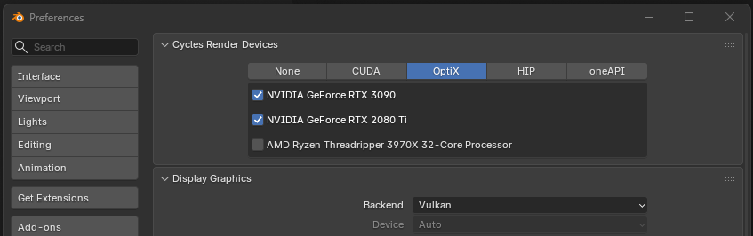 Blender Preferences System tab showing Cycles Render Devices with NVIDIA GPUs enabled under the OptiX backend