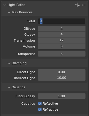Blender Light Paths panel showing reduced Max Bounces values and Indirect Light clamping set to 10