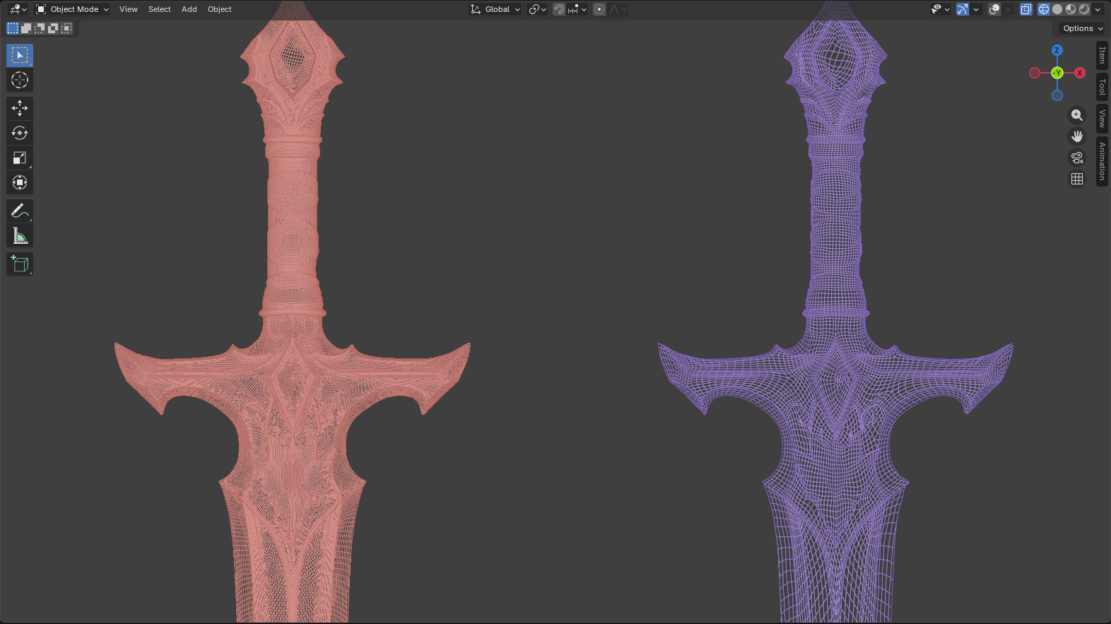 Two sword meshes in Blender showing a dense original mesh next to an optimized wireframe version