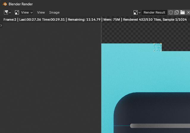 Blender render status line showing elapsed time, remaining time, tile count and current sample
