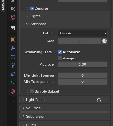 Blender Sampling Advanced panel showing Scrambling Distance set to Automatic