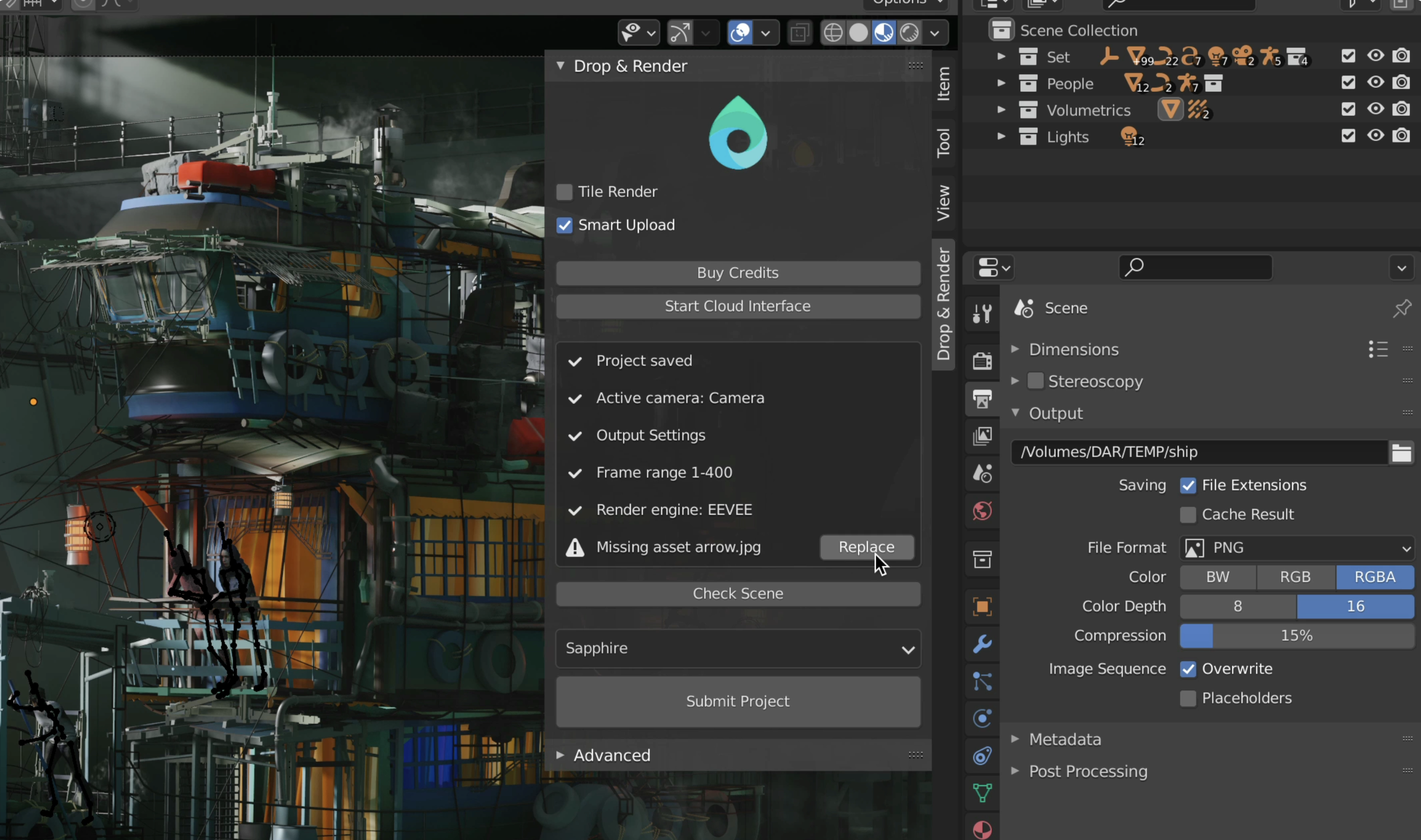 The Drop & Render Blender add-on showing a pre-flight scene check with a missing asset warning