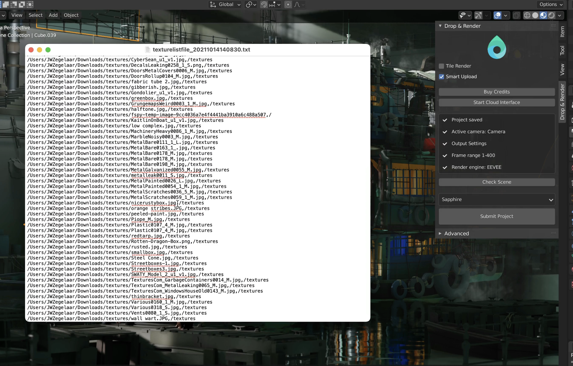 A Blender project with Smart Upload enabled and a generated dependency list of texture paths