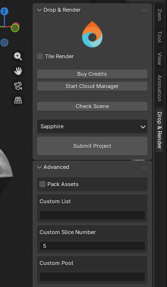 Drop & Render Blender add-on submit panel inside Blender, showing the one-click job submission interface