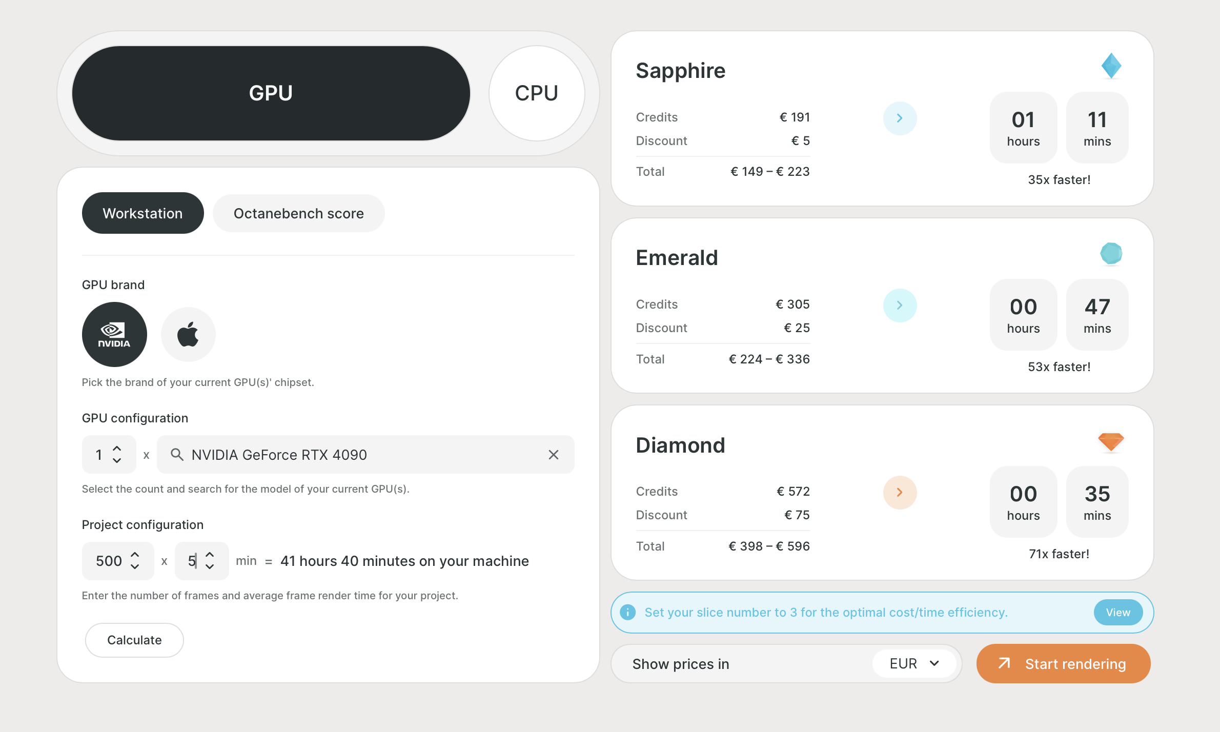 Drop & Render pricing calculator showing Job 1 estimate