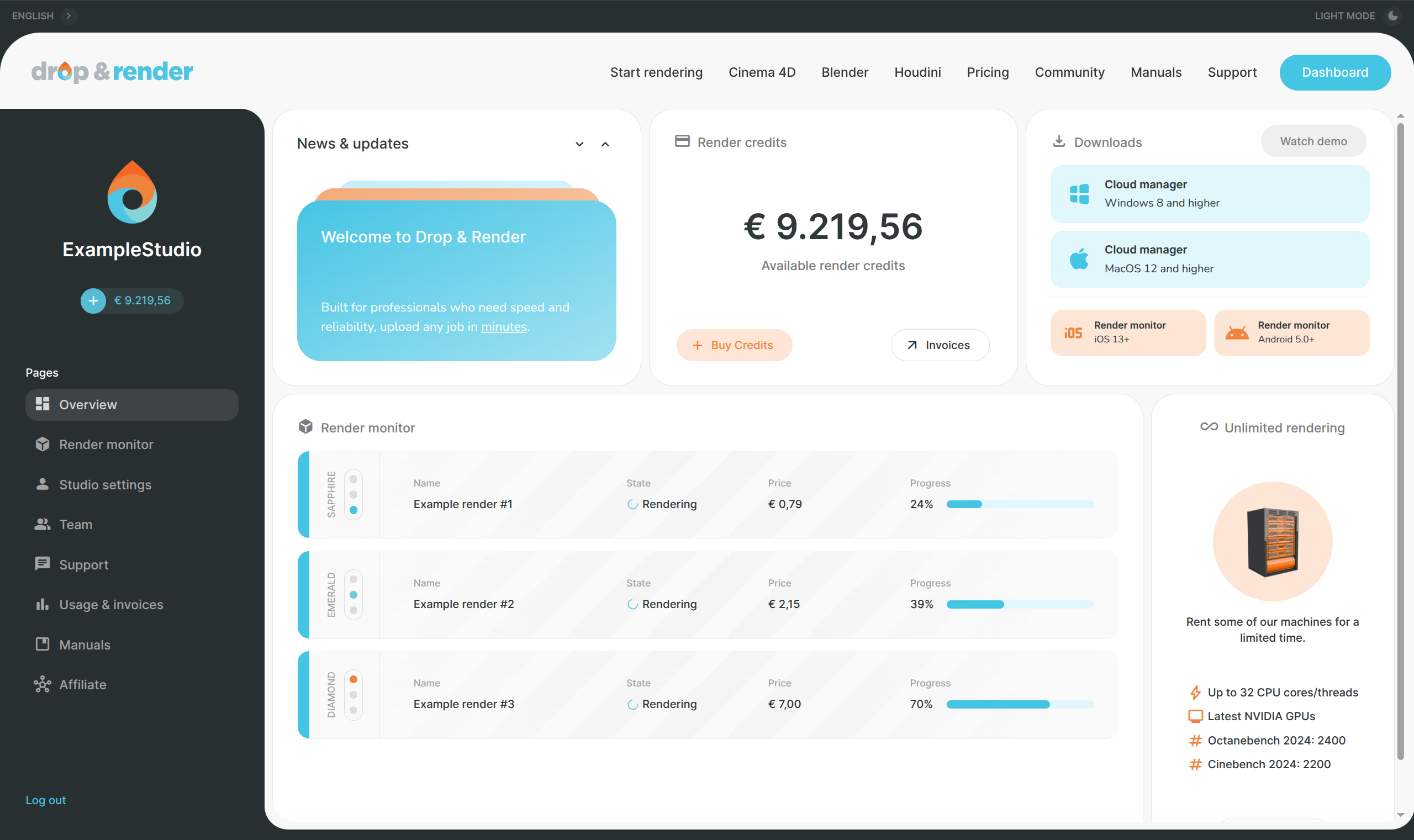 The Drop & Render dashboard showing render monitor jobs, priority tiers and render progress
