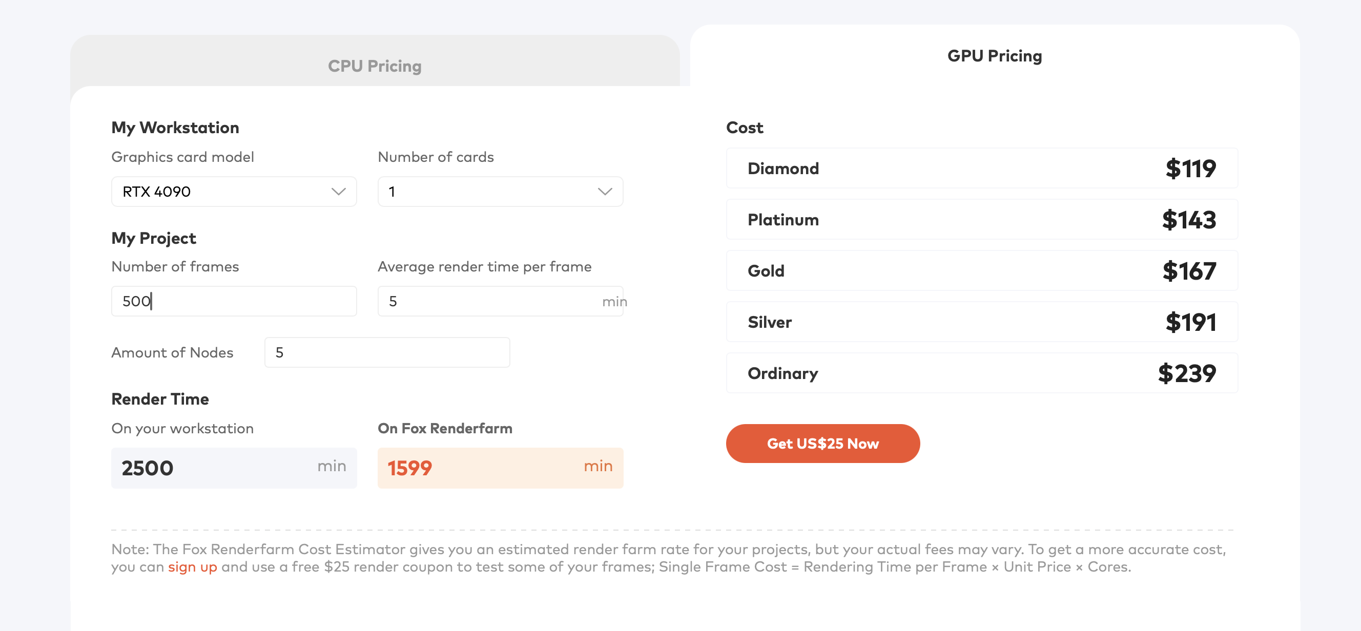 Fox Render Farm pricing calculator showing Job 1 estimate
