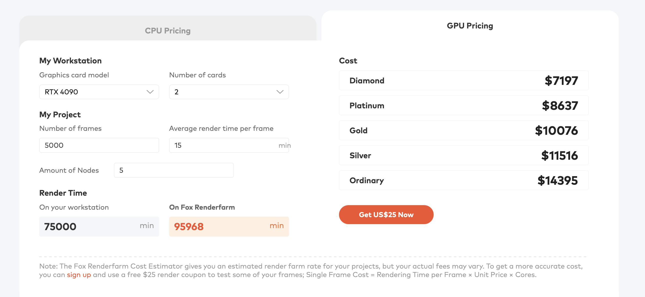 Fox Render Farm pricing calculator showing Job 2 estimate