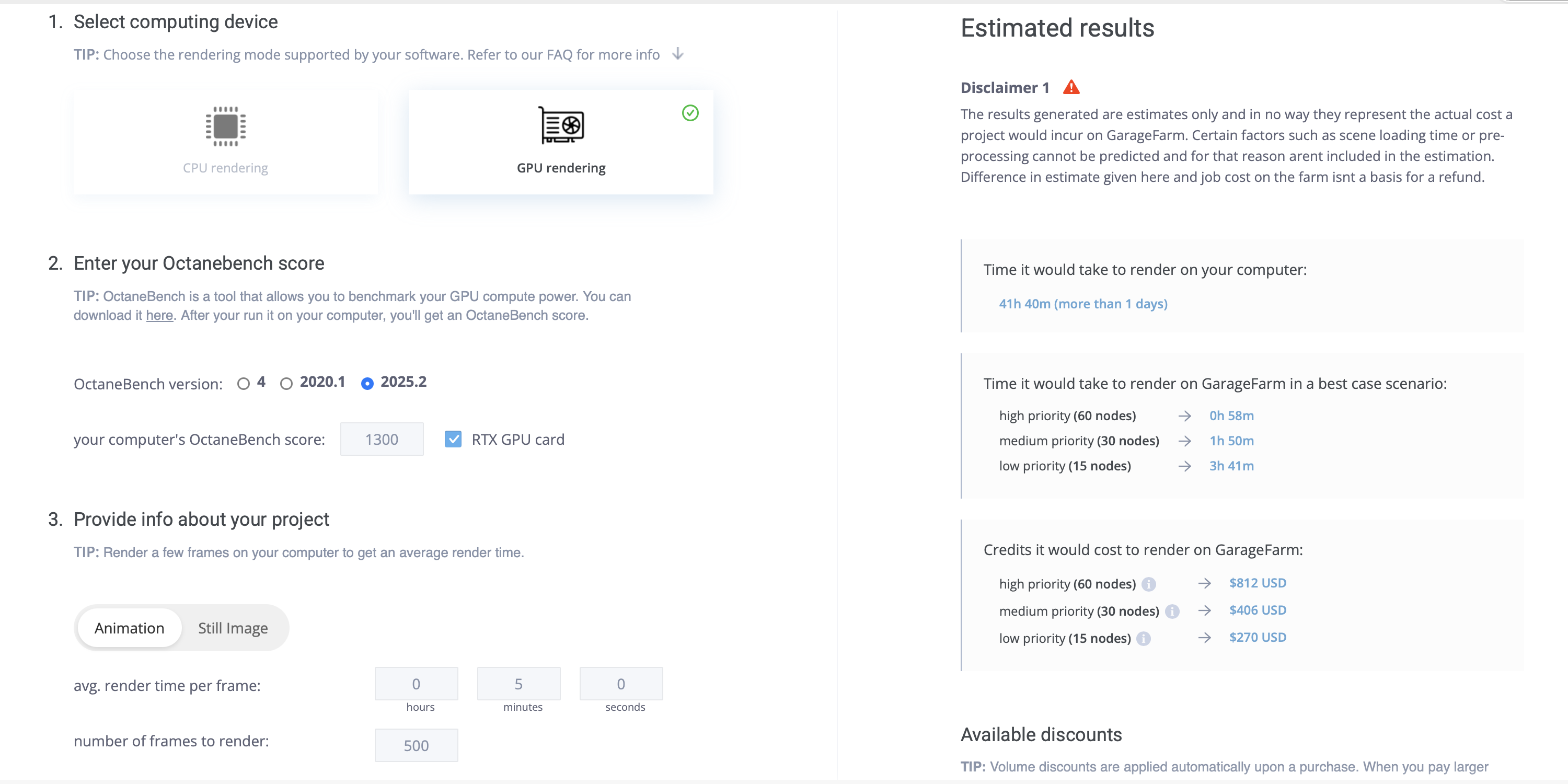 GarageFarm pricing calculator showing Job 1 estimate