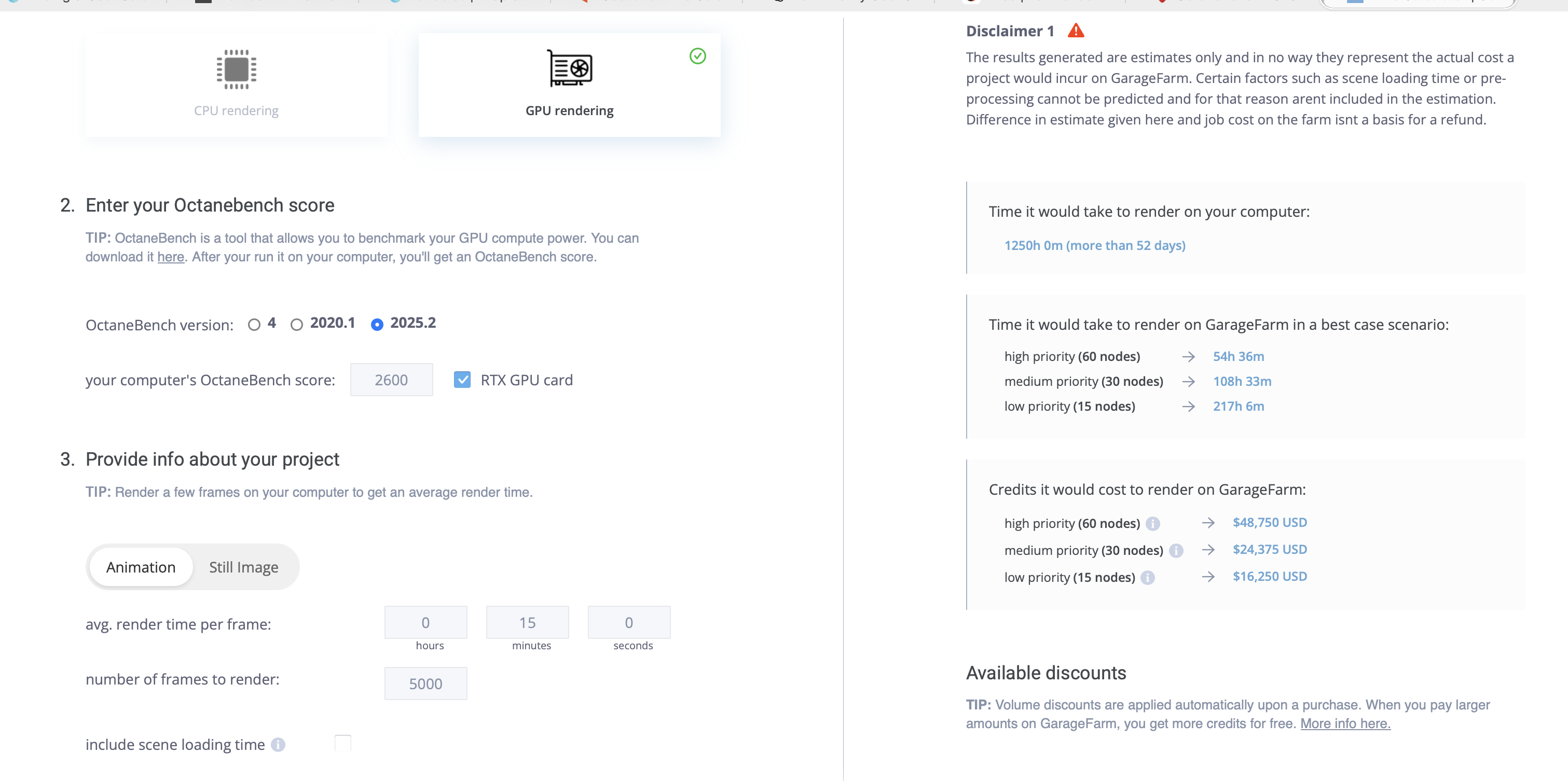GarageFarm pricing calculator showing Job 2 estimate