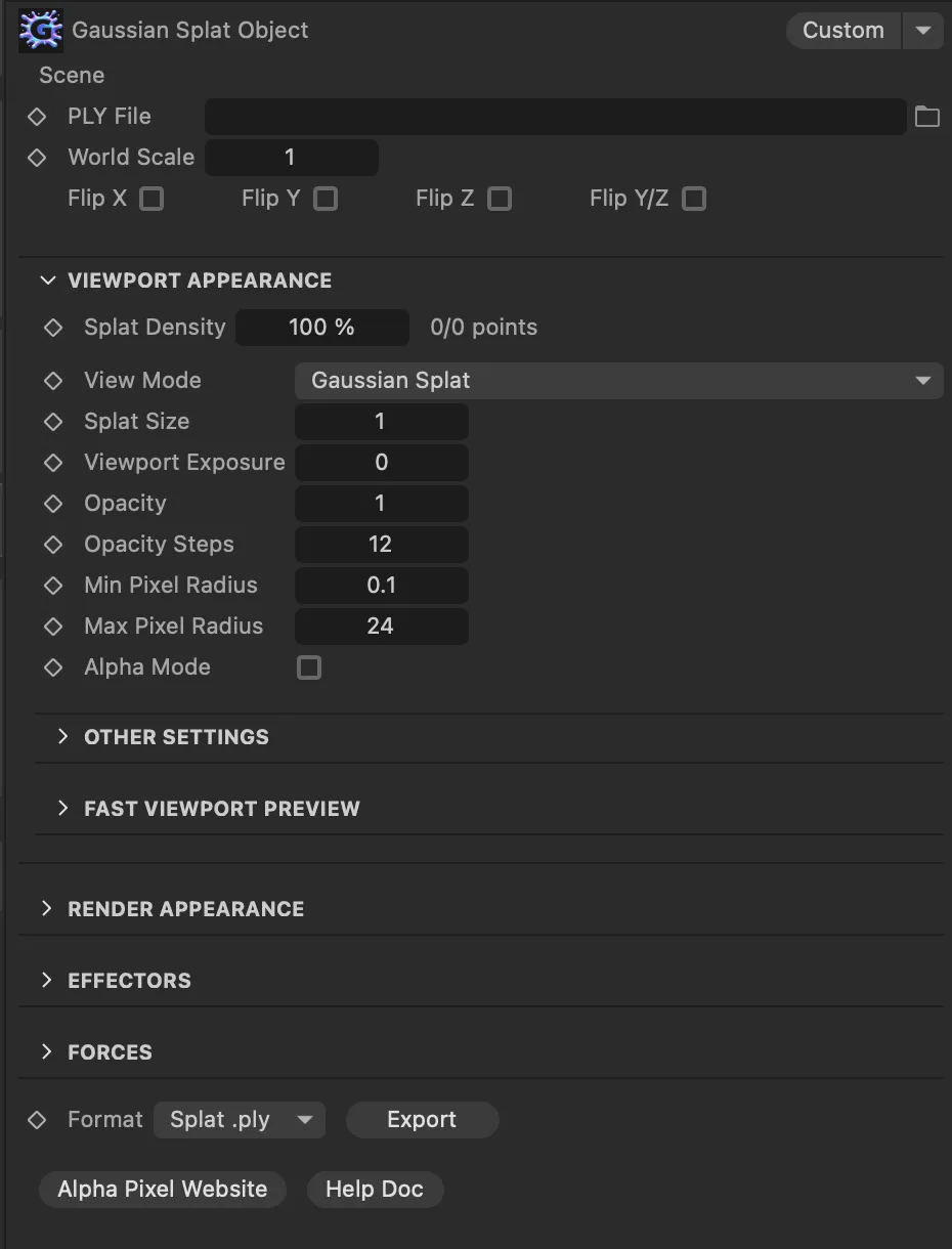Gaussian Splat Studio plugin viewport in Cinema 4D
