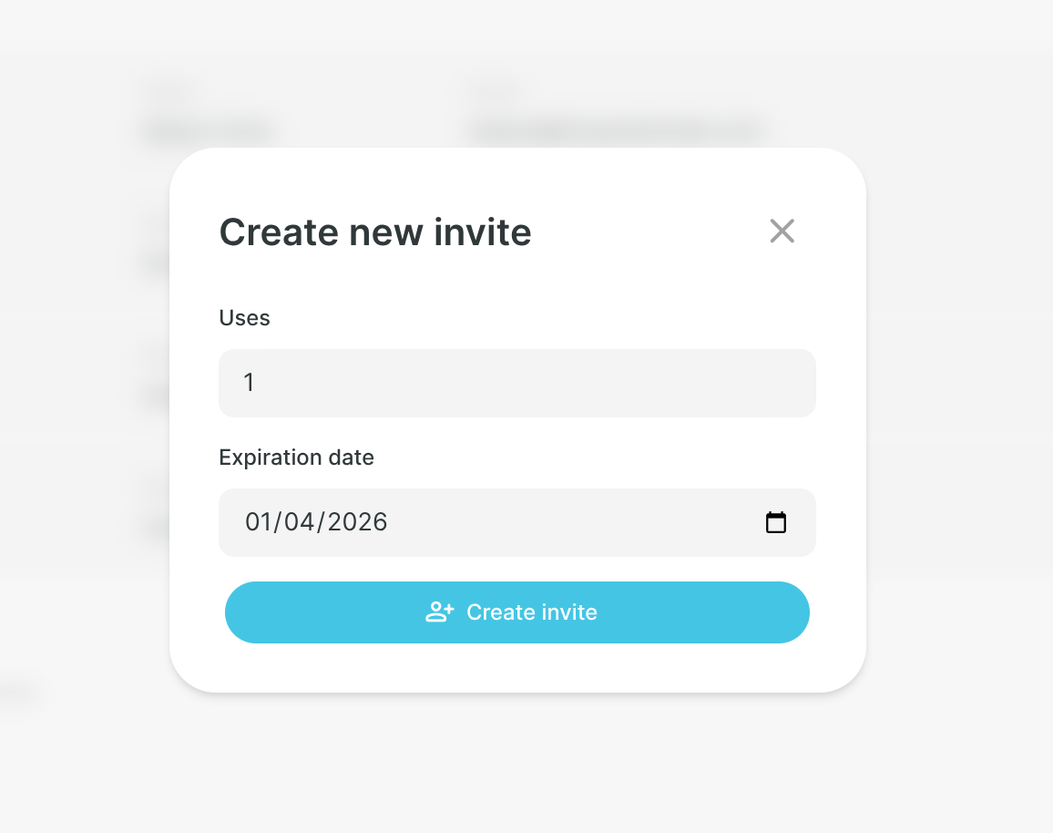 Invite creation modal