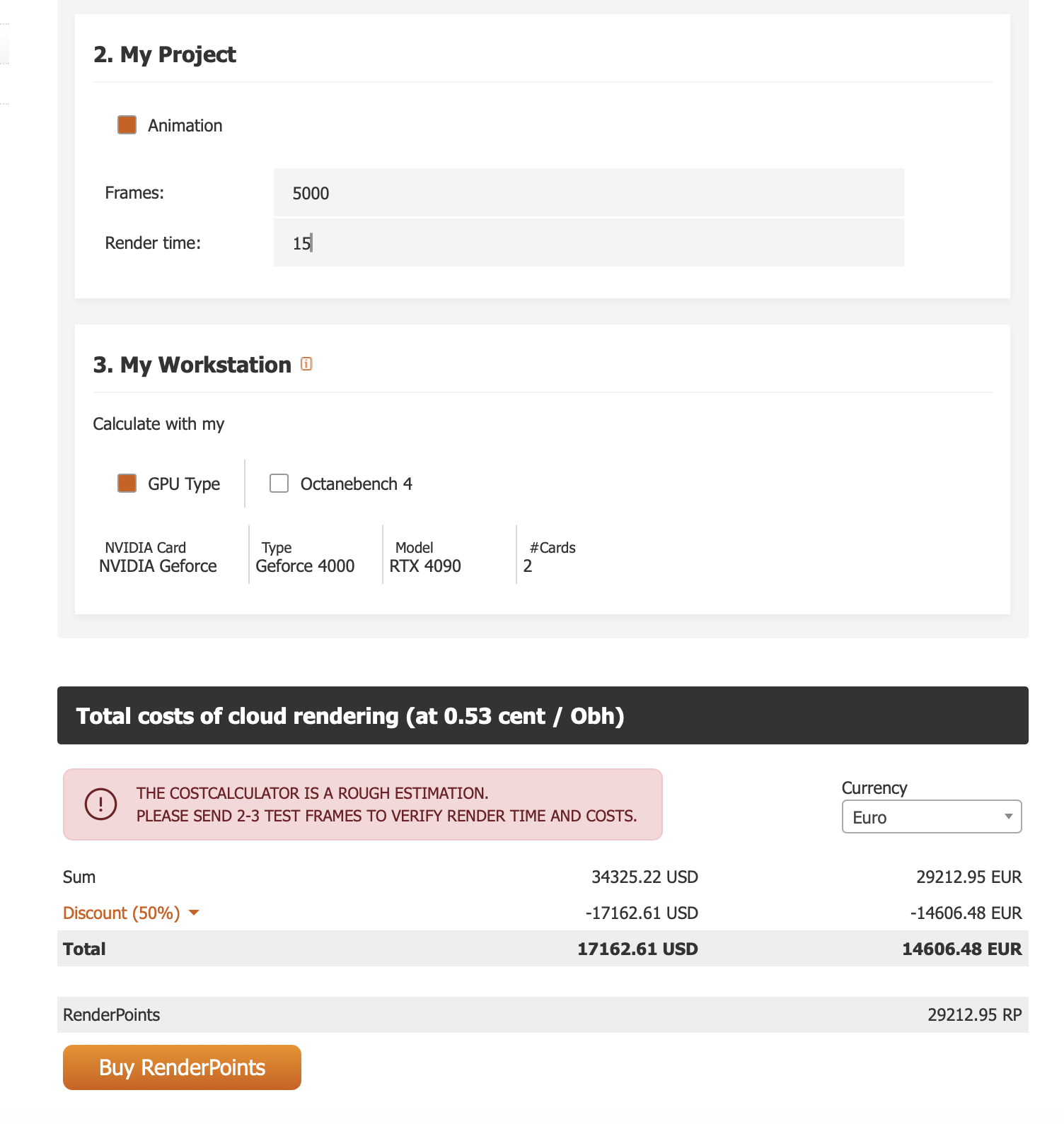 Rebus Farm pricing calculator showing Job 2 estimate
