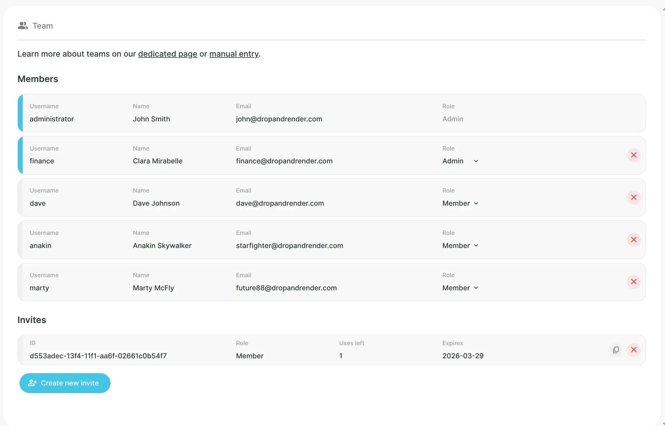 Team management interface