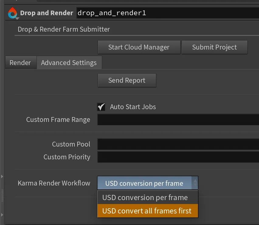 Drop & Render HDA with USD convert all frames first mode selected