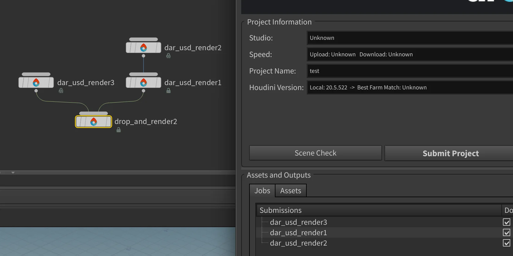 Houdini LOP network with DAR USD Render nodes connected to Drop & Render HDA