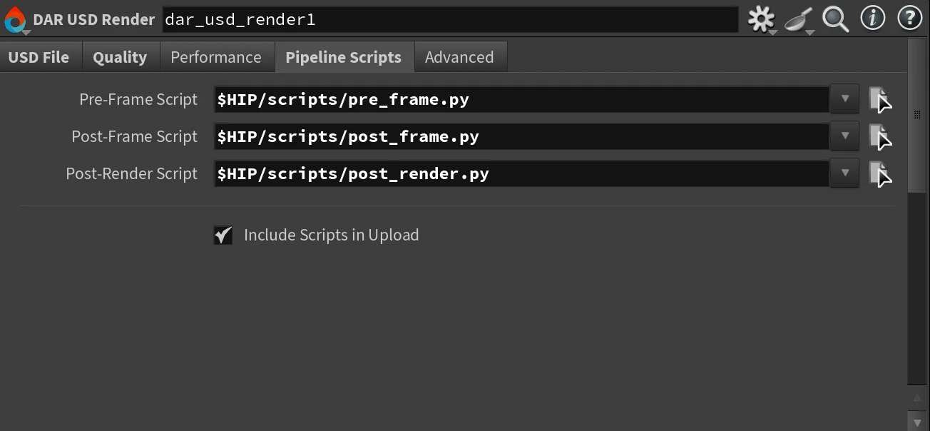 Pipeline Scripts tab showing pre-frame and post-frame script fields