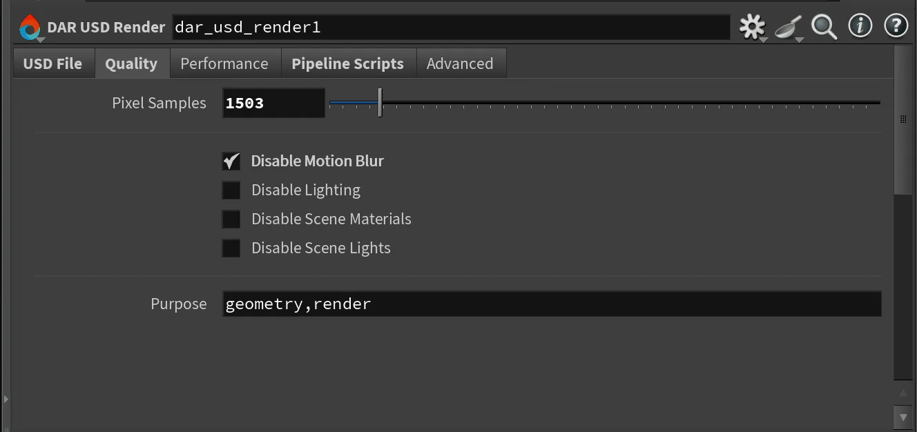 Quality tab showing pixel samples, disable motion blur, disable lighting toggles
