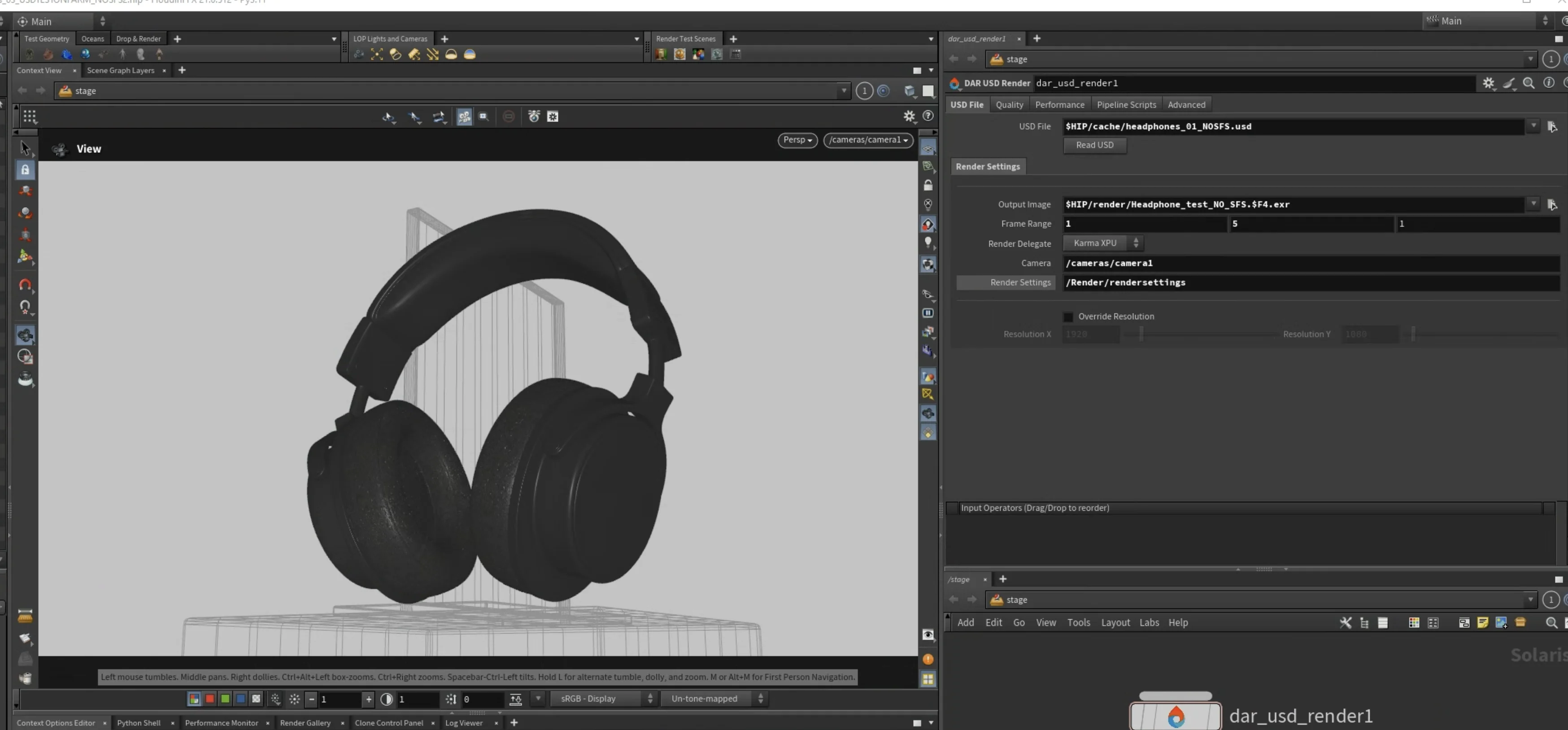 Full Houdini workspace showing the DAR USD Render node in context with the 3D viewport and LOP network