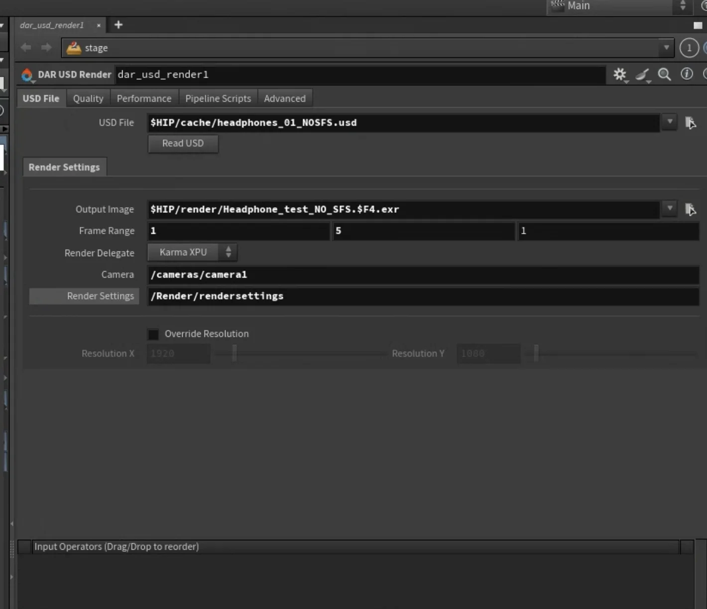 DAR USD Render node parameters showing auto-populated USD file path, output, frame range, and render delegate settings