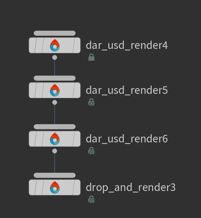 Sequential dependency chain of dar_usd_render nodes connected to Drop & Render HDA